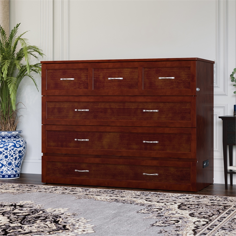 Pemberly Row Full Solid Wood Modern Murphy Bed Chest with Mattress in Walnut