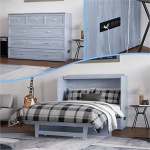 Pemberly Row Full Solid Wood Modern Murphy Bed Chest with Mattress in Driftwood