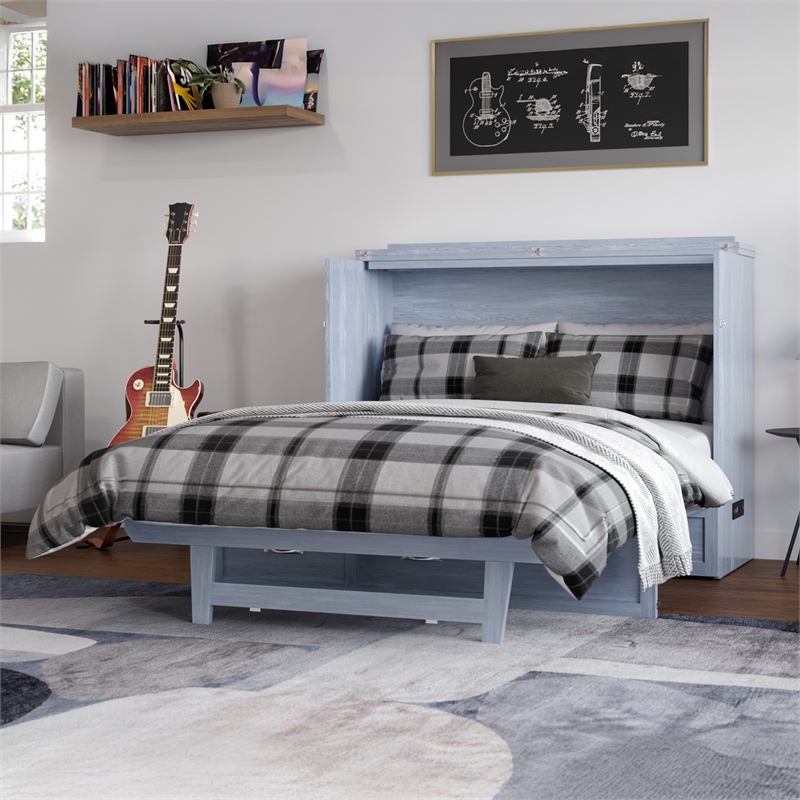 Pemberly Row Full Solid Wood Modern Murphy Bed Chest with Mattress in Driftwood