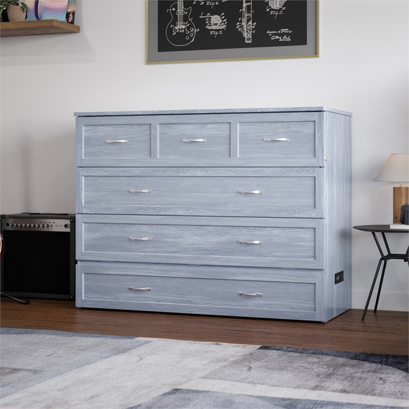 Pemberly Row Full Solid Wood Modern Murphy Bed Chest with Mattress in Driftwood