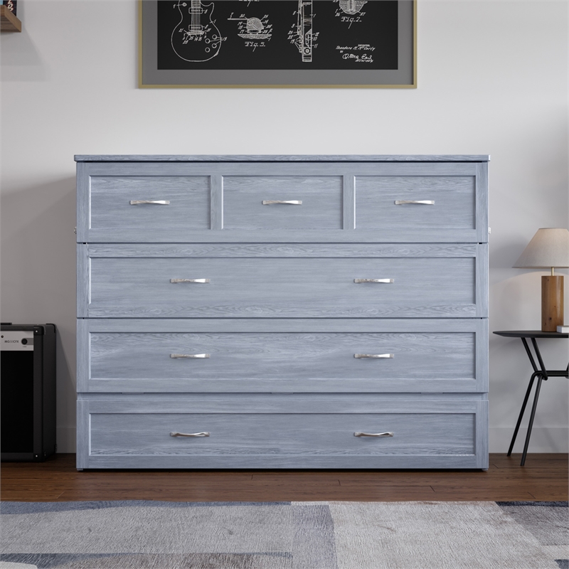 Pemberly Row Full Solid Wood Modern Murphy Bed Chest with Mattress in Driftwood