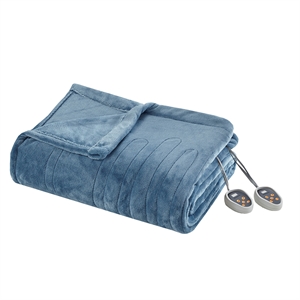 Pemberly Row Contemporary Heated Plush Blanket in Sapphire Blue