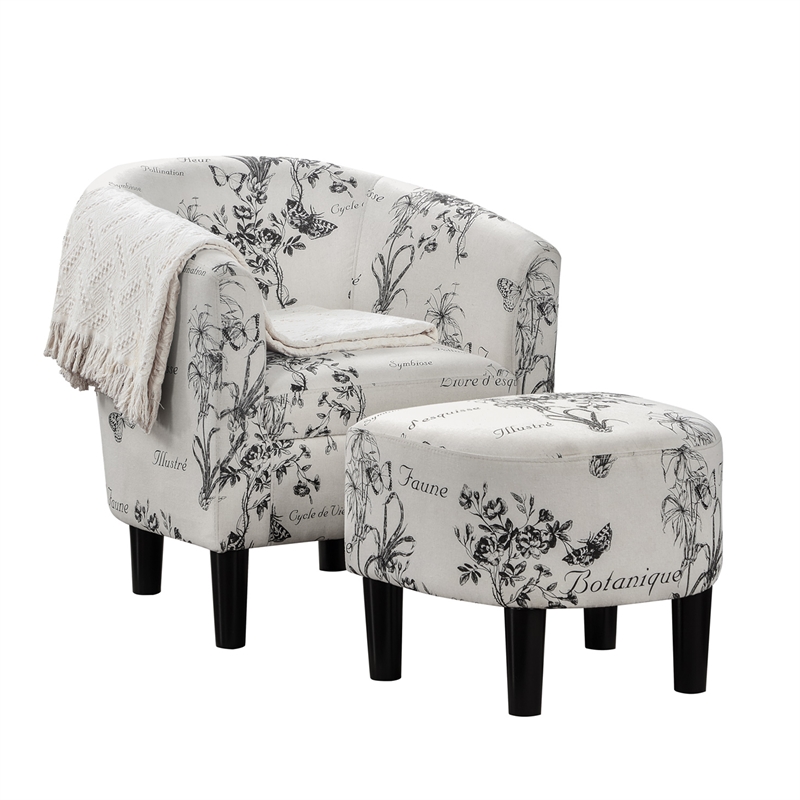 Pemberly Row Accent Chair with Ottoman in White Fabric with Black Print