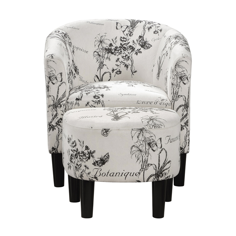 Pemberly Row Accent Chair with Ottoman in White Fabric with Black Print