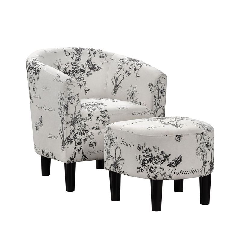 Pemberly Row Accent Chair with Ottoman in White Fabric with Black Print