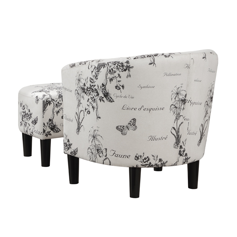 Pemberly Row Accent Chair with Ottoman in White Fabric with Black Print
