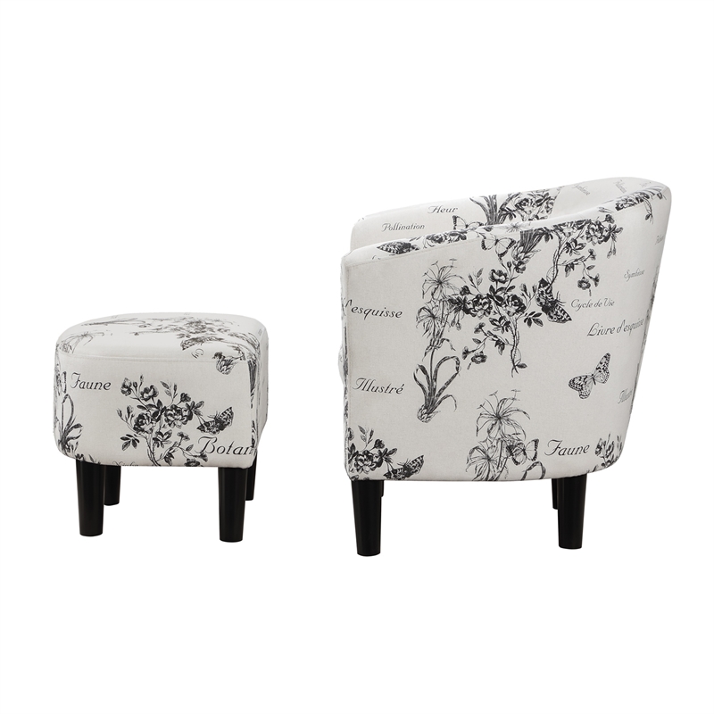 Pemberly Row Accent Chair with Ottoman in White Fabric with Black Print