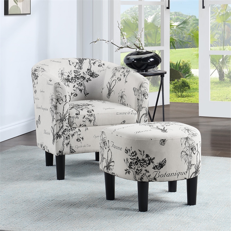 Pemberly Row Accent Chair with Ottoman in White Fabric with Black Print
