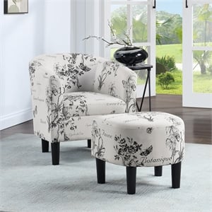 Pemberly Row Accent Chair with Ottoman in White Fabric with Black Print