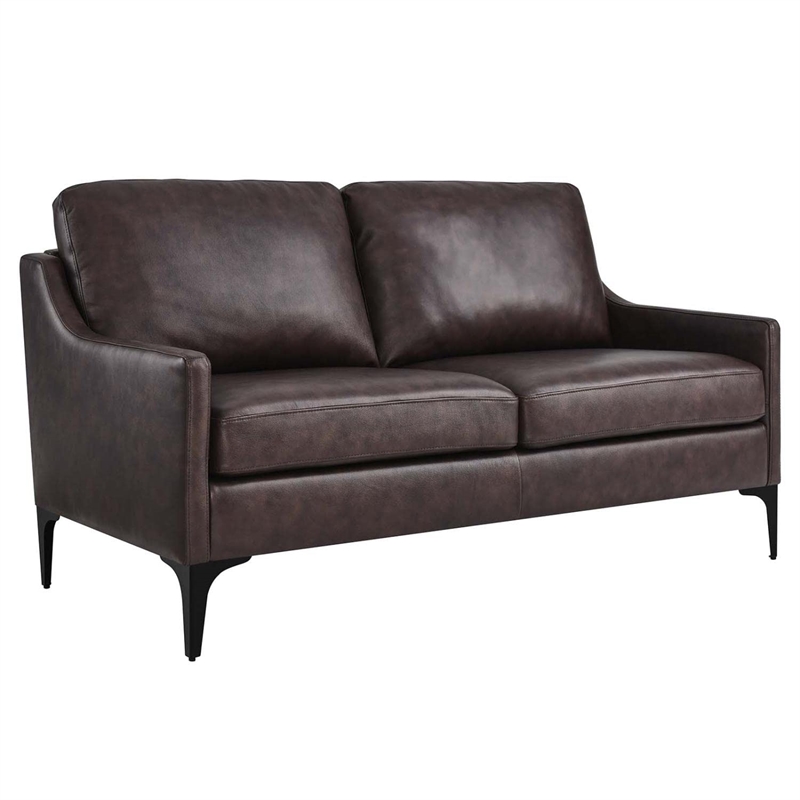 Pemberly Row Contemporary Leather and Metal Loveseat in Brown