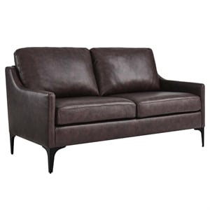Pemberly Row Contemporary Leather and Metal Loveseat in Brown