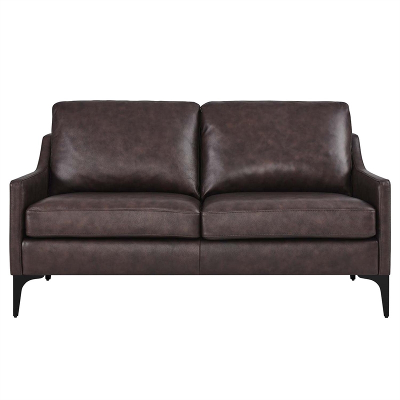 Pemberly Row Contemporary Leather and Metal Loveseat in Brown