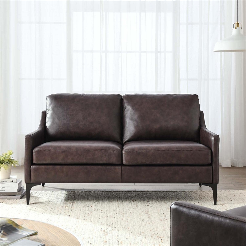 Pemberly Row Contemporary Leather and Metal Loveseat in Brown