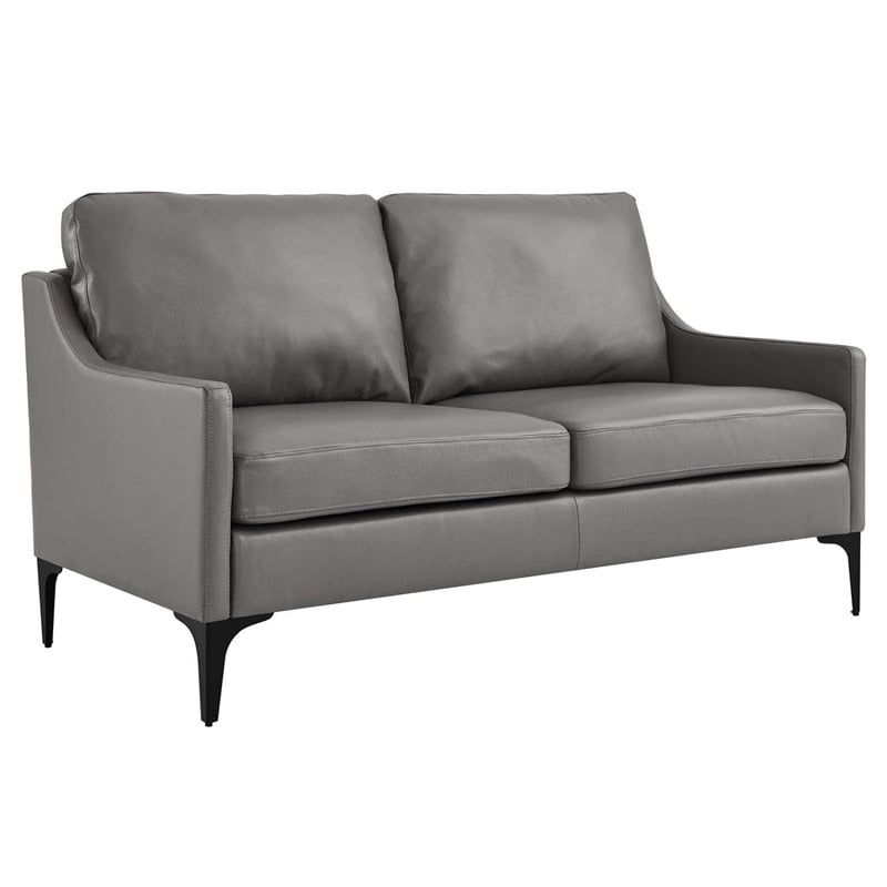 Pemberly Row Contemporary Leather and Metal Loveseat in Gray