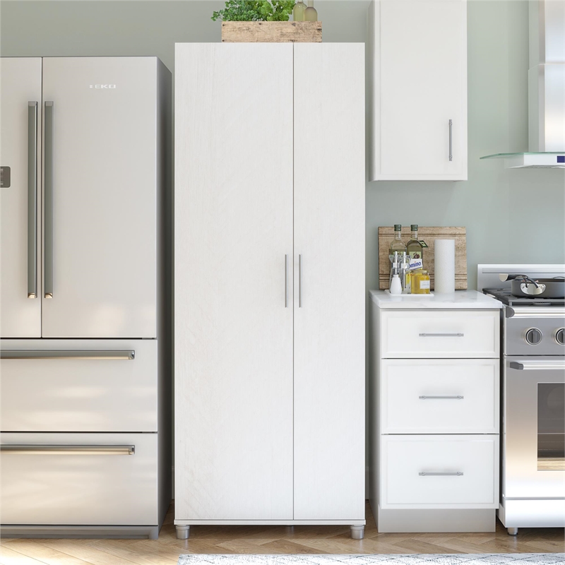 Pemberly Row Contemporary Tall Asymmetrical Cabinet in Ivory Oak