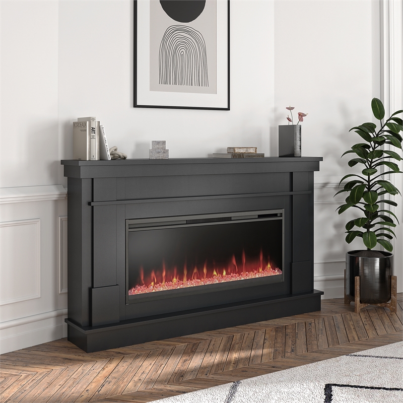 Pemberly Row Mantel Electric Fireplace & Crystal Ember Bed in Black