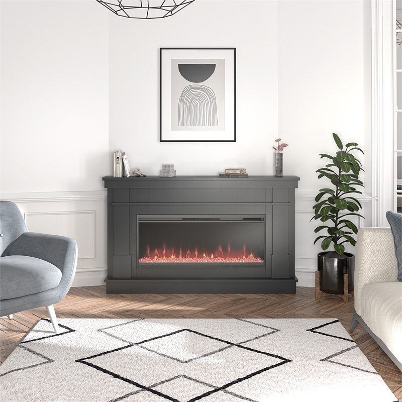 Pemberly Row Mantel Electric Fireplace & Crystal Ember Bed in Black