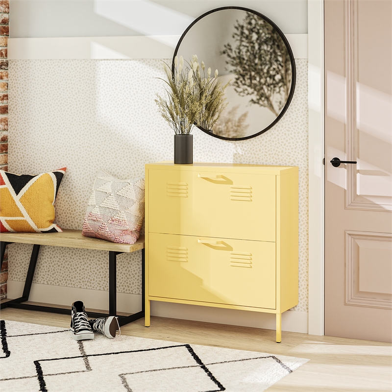 Pemberly Row Modern 2-Door Metal Shoe Storage Cabinet in Yellow