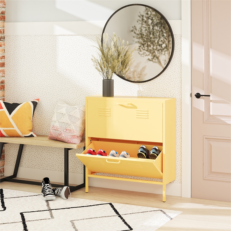 Pemberly Row Modern 2-Door Metal Shoe Storage Cabinet in Yellow