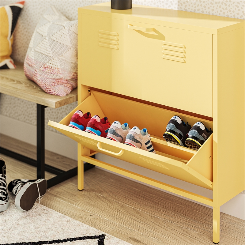 Pemberly Row Modern 2-Door Metal Shoe Storage Cabinet in Yellow
