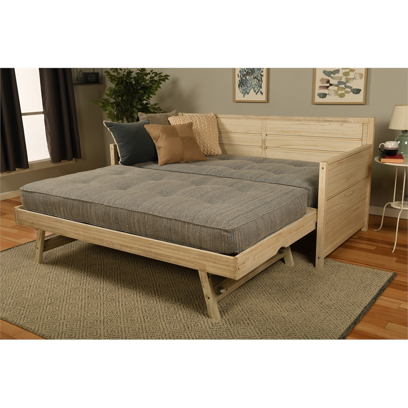 Pemberly Row Wood Daybed with Trundle in Weathered White with Mattresses