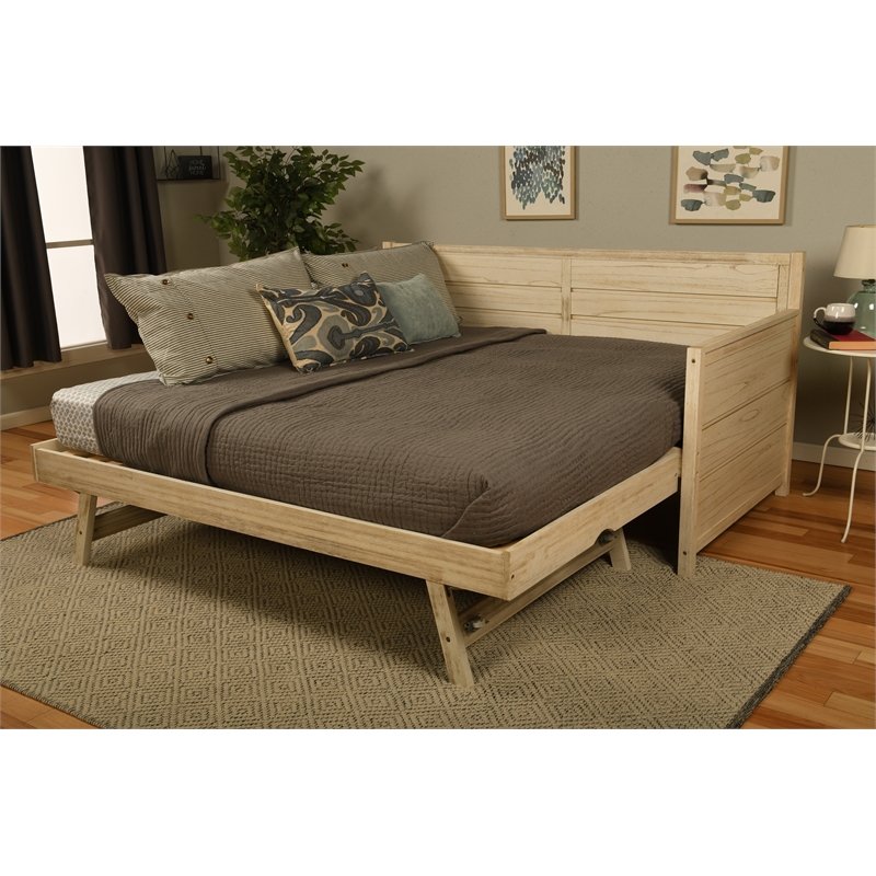 Pemberly Row Wood Daybed with Trundle in Weathered White with Mattresses