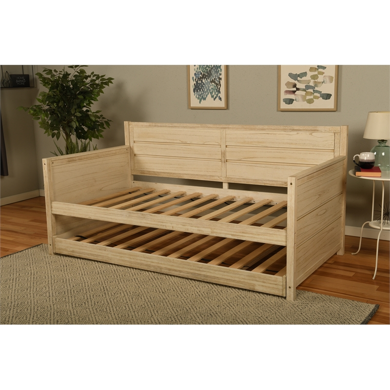 Pemberly Row Wood Daybed with Trundle in Weathered White with Mattresses