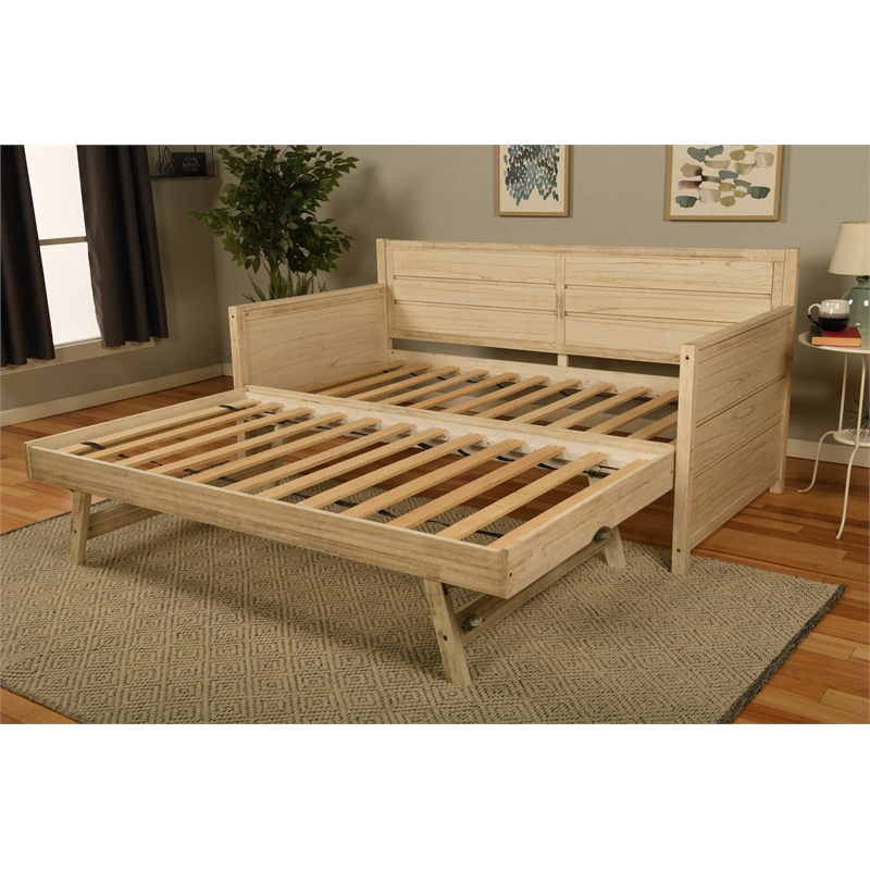 Pemberly Row Wood Daybed with Trundle in Weathered White with Mattresses