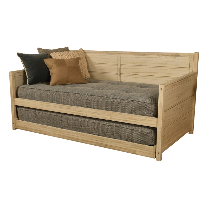 Pemberly Row Wood Daybed with Trundle in Weathered White with Mattresses
