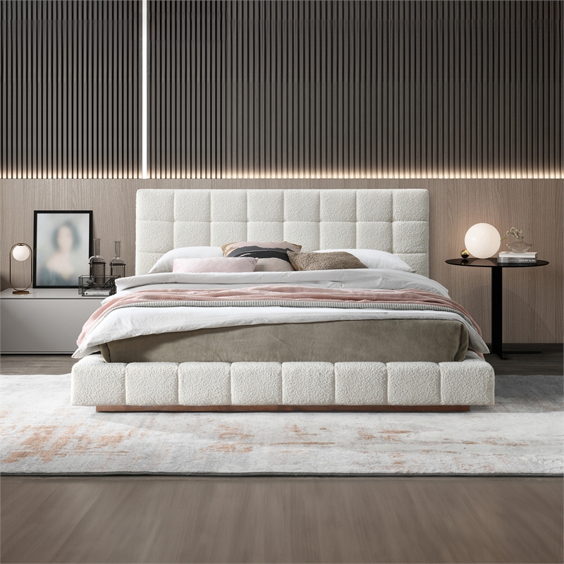 Pemberly Row Upholstered Mid-Century Fabric Queen Platform Bed in Ivory