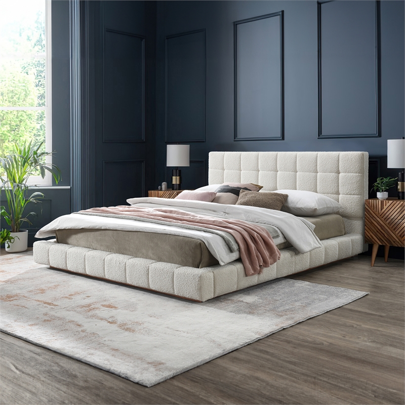Pemberly Row Upholstered Mid-Century Fabric Queen Platform Bed in Ivory