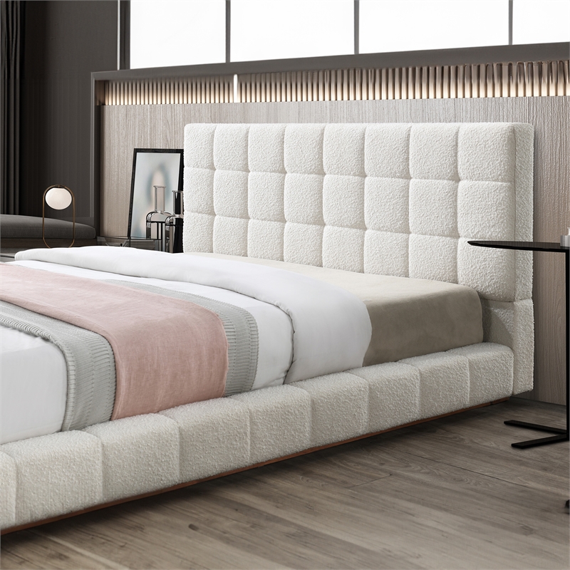 Pemberly Row Upholstered Mid-Century Fabric Queen Platform Bed in Ivory