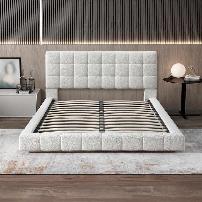 Pemberly Row Upholstered Mid-Century Fabric Queen Platform Bed in Ivory
