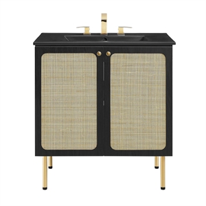 Pemberly Row 30&quot Wood & Rattan Bathroom Vanity with Adjustable Shelf in Black