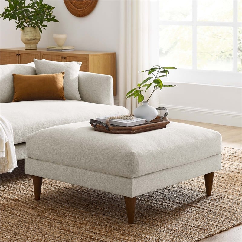 Pemberly Row Upholstered Polyester Fabric Ottoman with Tapered Legs in Ivory