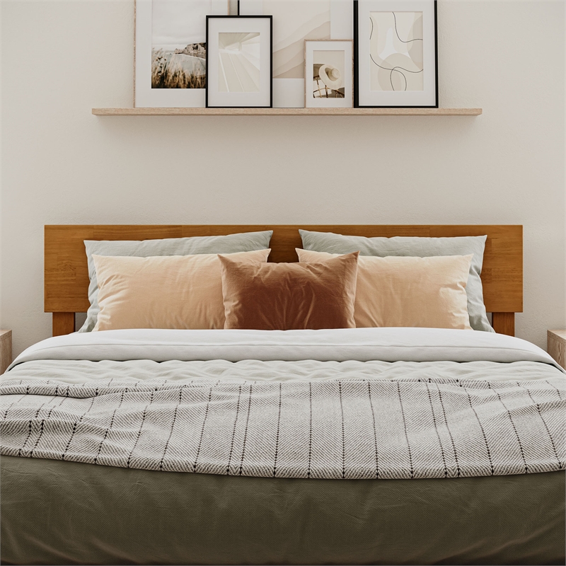 Pemberly Row Queen Modern Solid Wood Panel Headboard in Light Toffee