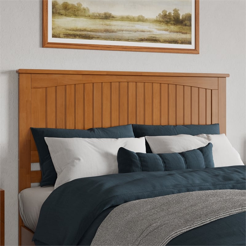 Pemberly Row Queen Coastal Solid Wood Panel Headboard in Light Toffee