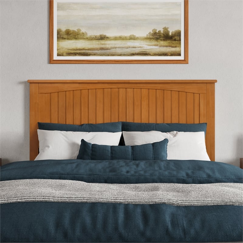 Pemberly Row Queen Coastal Solid Wood Panel Headboard in Light Toffee