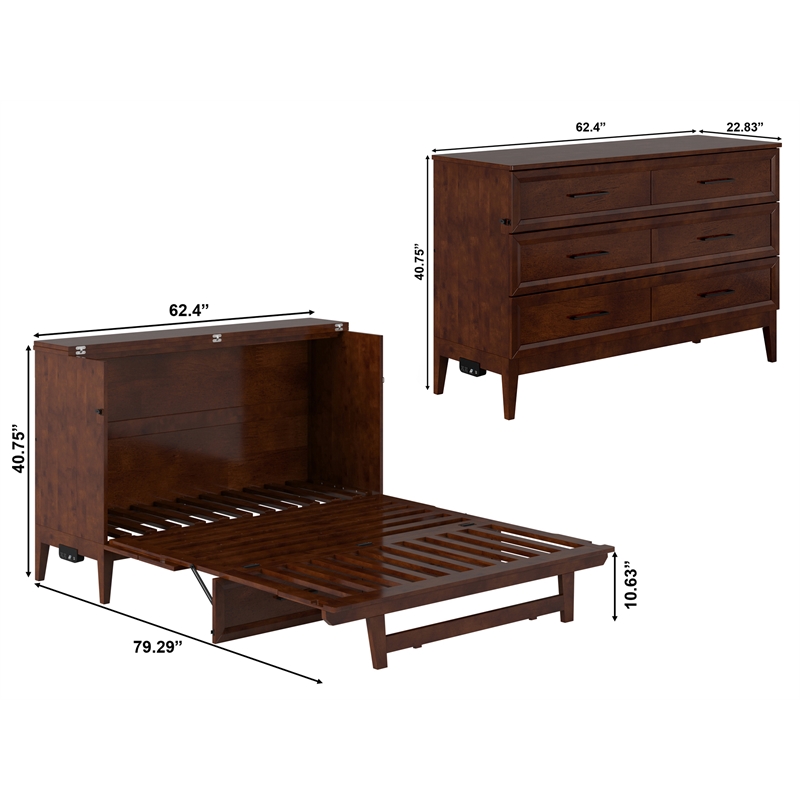 Pemberly Row Queen Wood Murphy Bed Chest w/ Mattress & Built-in Charger - Walnut