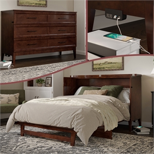 Pemberly Row Queen Wood Murphy Bed Chest w/ Mattress & Built-in Charger - Walnut