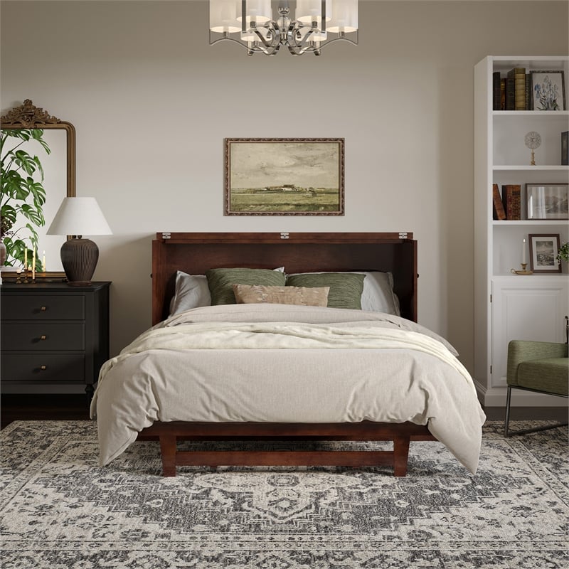 Pemberly Row Queen Wood Murphy Bed Chest w/ Mattress & Built-in Charger - Walnut