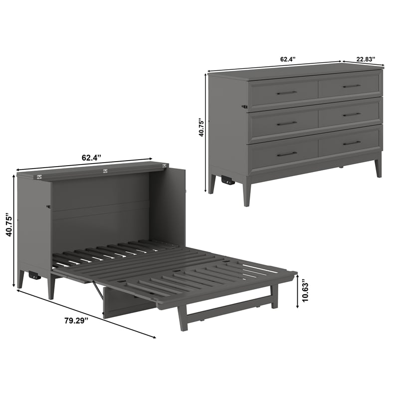 Pemberly Row Queen Wood Murphy Bed Chest with Mattress & Built-in Charger - Gray