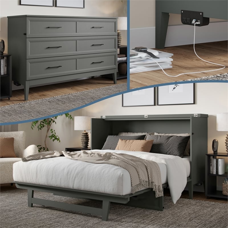 Pemberly Row Queen Wood Murphy Bed Chest with Mattress & Built-in Charger - Gray