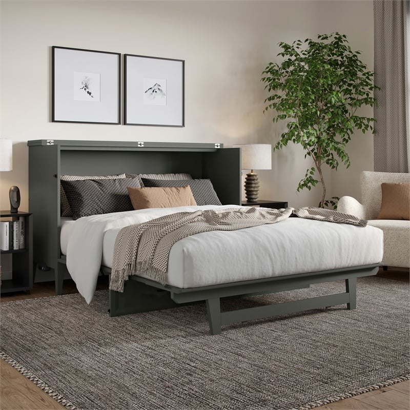 Pemberly Row Queen Wood Murphy Bed Chest with Mattress & Built-in Charger - Gray