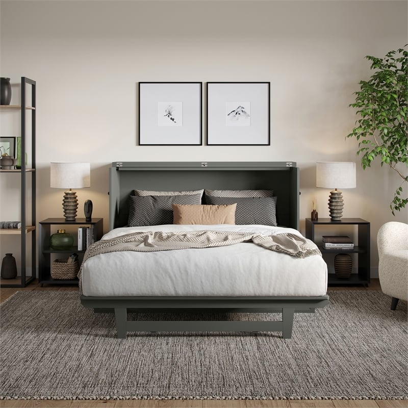 Pemberly Row Queen Wood Murphy Bed Chest with Mattress & Built-in Charger - Gray
