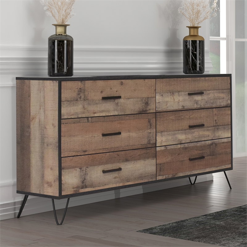 Pemberly Row Modern Solid Wood 6-Drawer Dresser in Rustic Brown