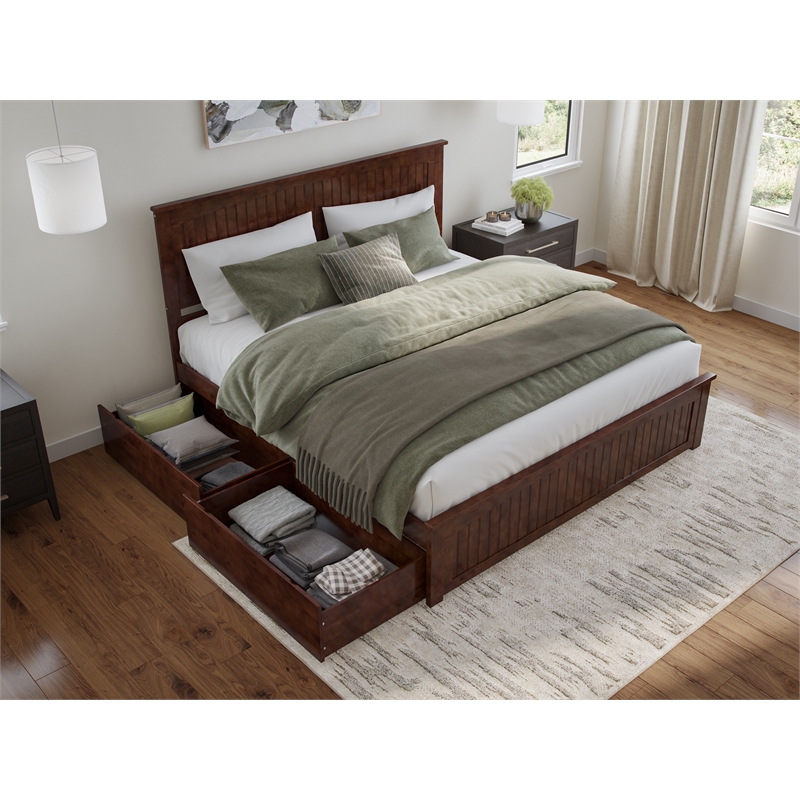 Pemberly Row King Wood Platform Bed with Matching Footboard and Drawers - Walnut