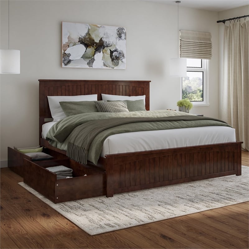 Pemberly Row King Wood Platform Bed with Matching Footboard and Drawers - Walnut