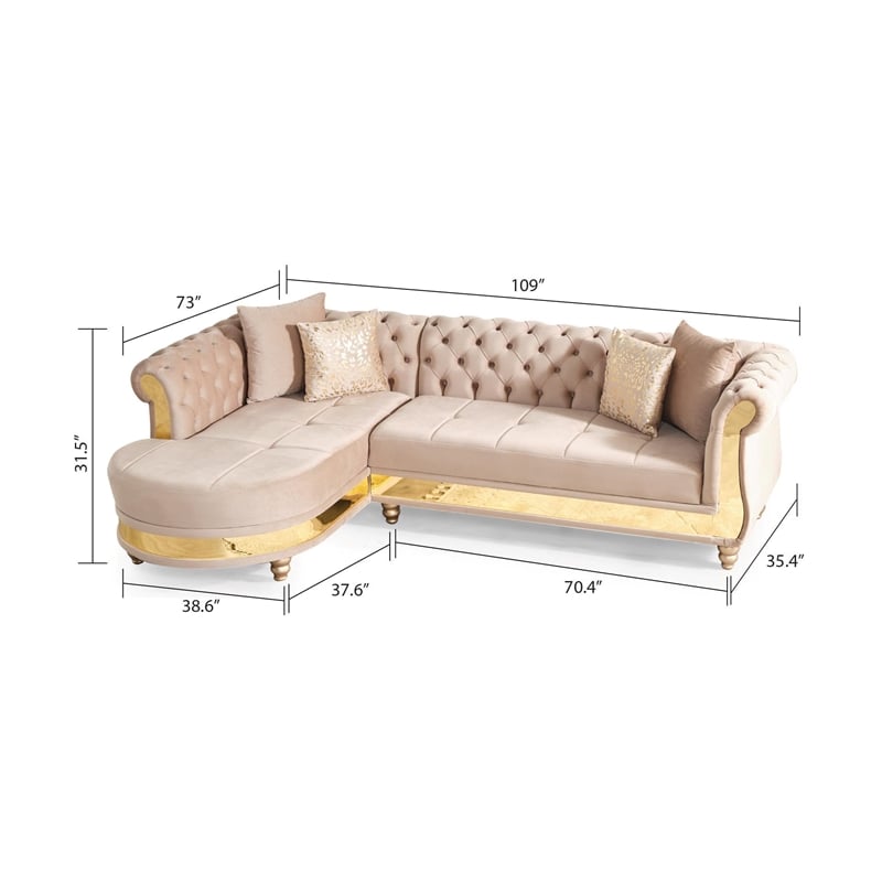 Pemberly Row Gold Detailed Tufted Upholstery Sectional made with Wood In Taupe