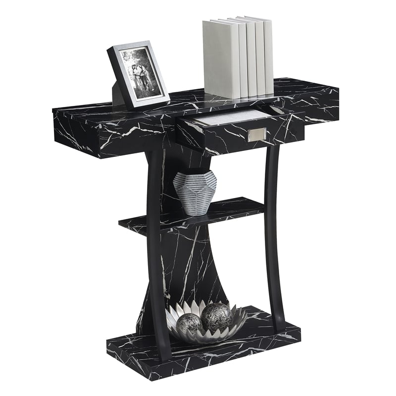 Pemberly Row One-Drawer Harri Console Table w/ Shelves - Black Faux Marble Wood